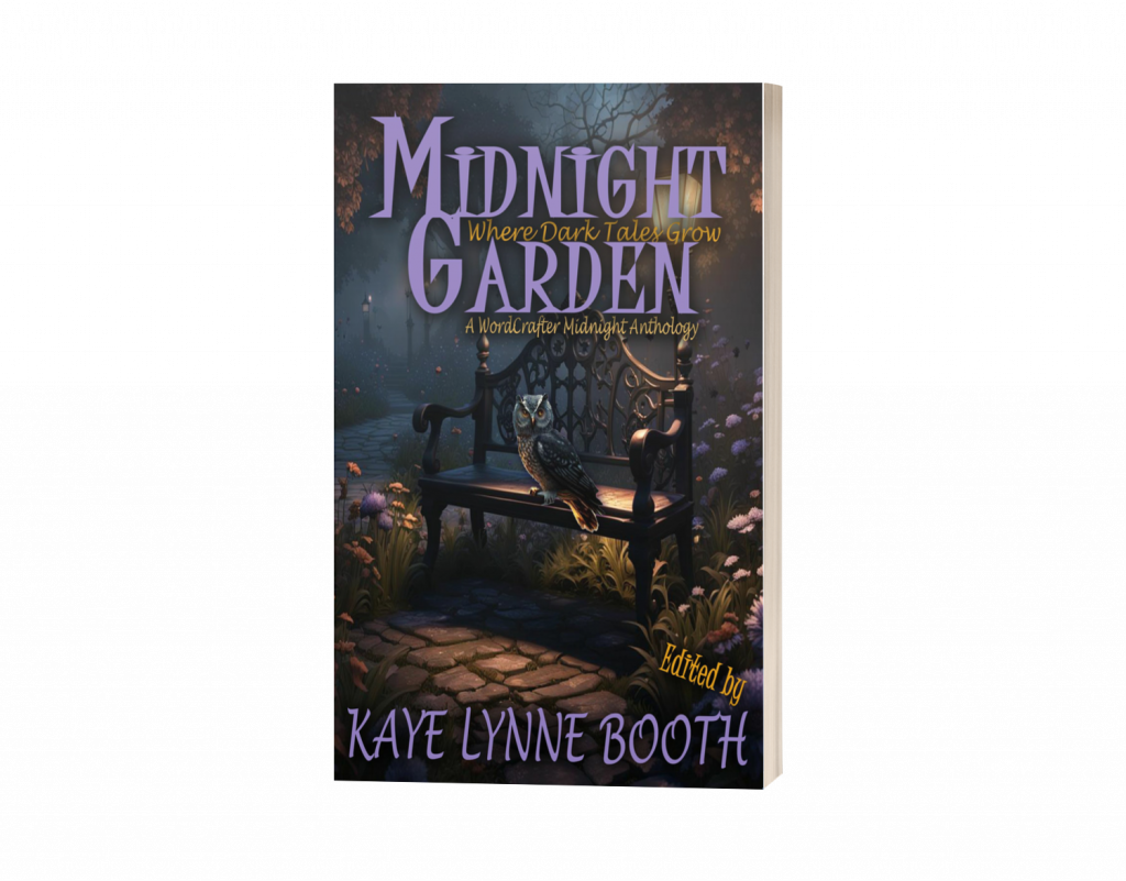 Midnight Garden book cover. An owl perches upon a park bench at night, surrounded by flowers.